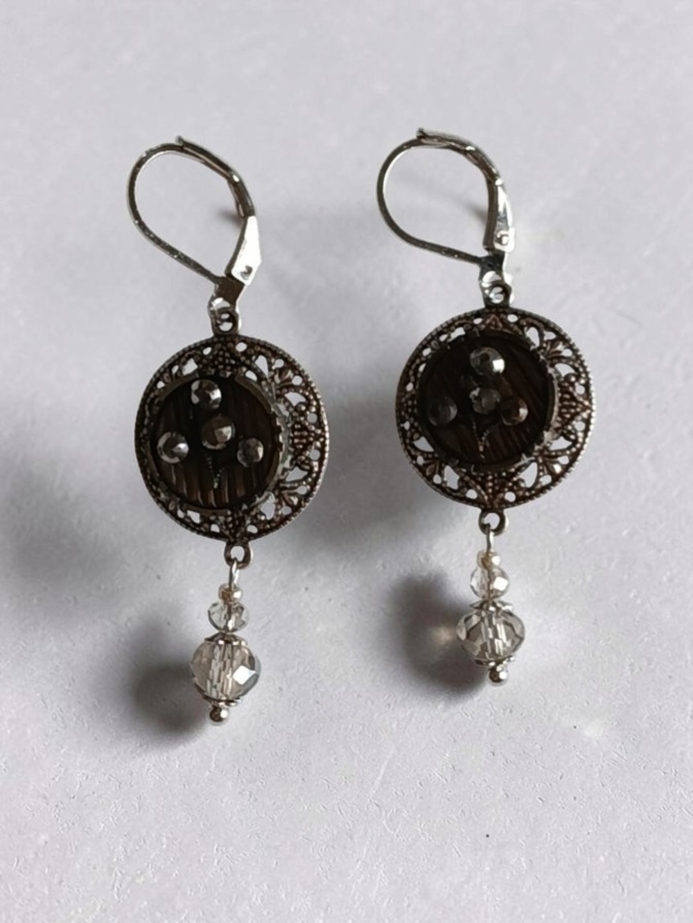 Antique Picture Button MOP Cut Steel Rivets Oxidized Silver